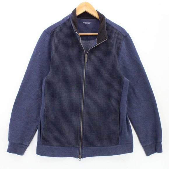 Structure Sweater Mens Navy Blue Zip Up Knit Long Sleeve Cotton Blend Sz Large L - Picture 1 of 9